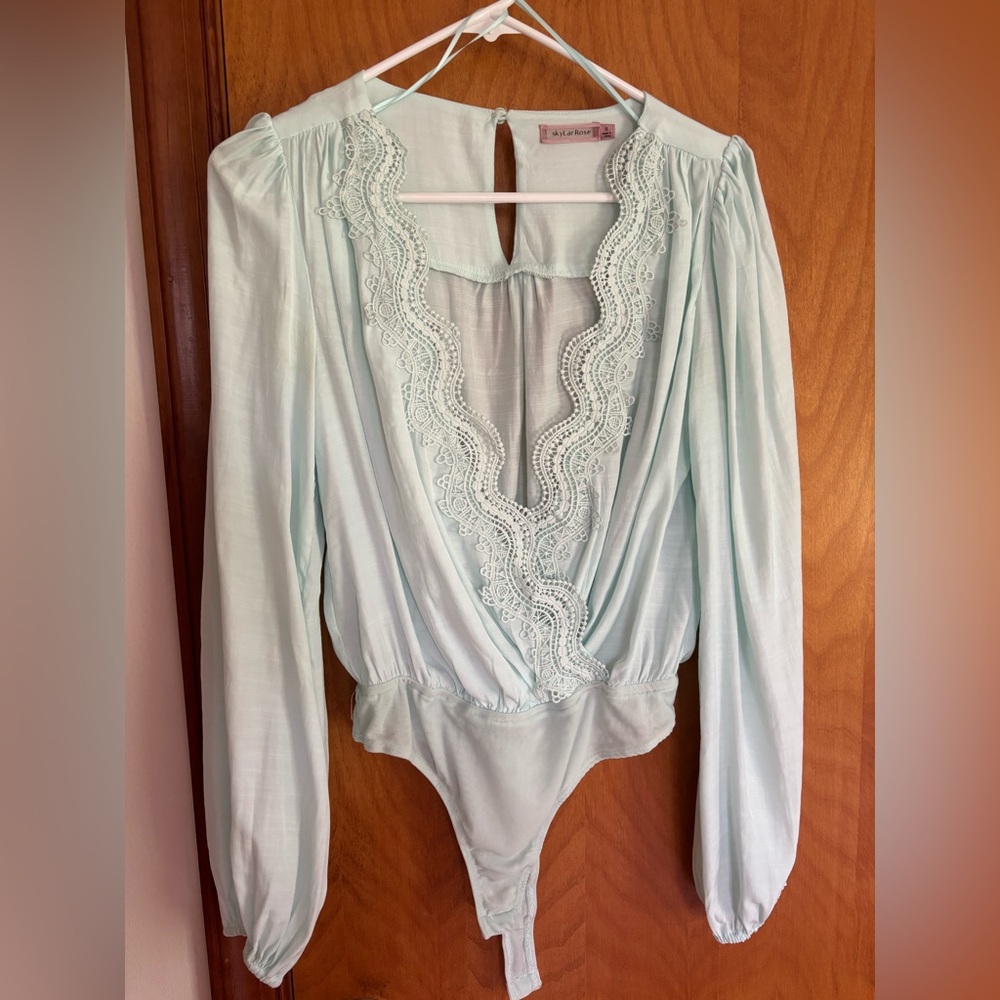 Elegant Lace Trim Blouse - Light Blue